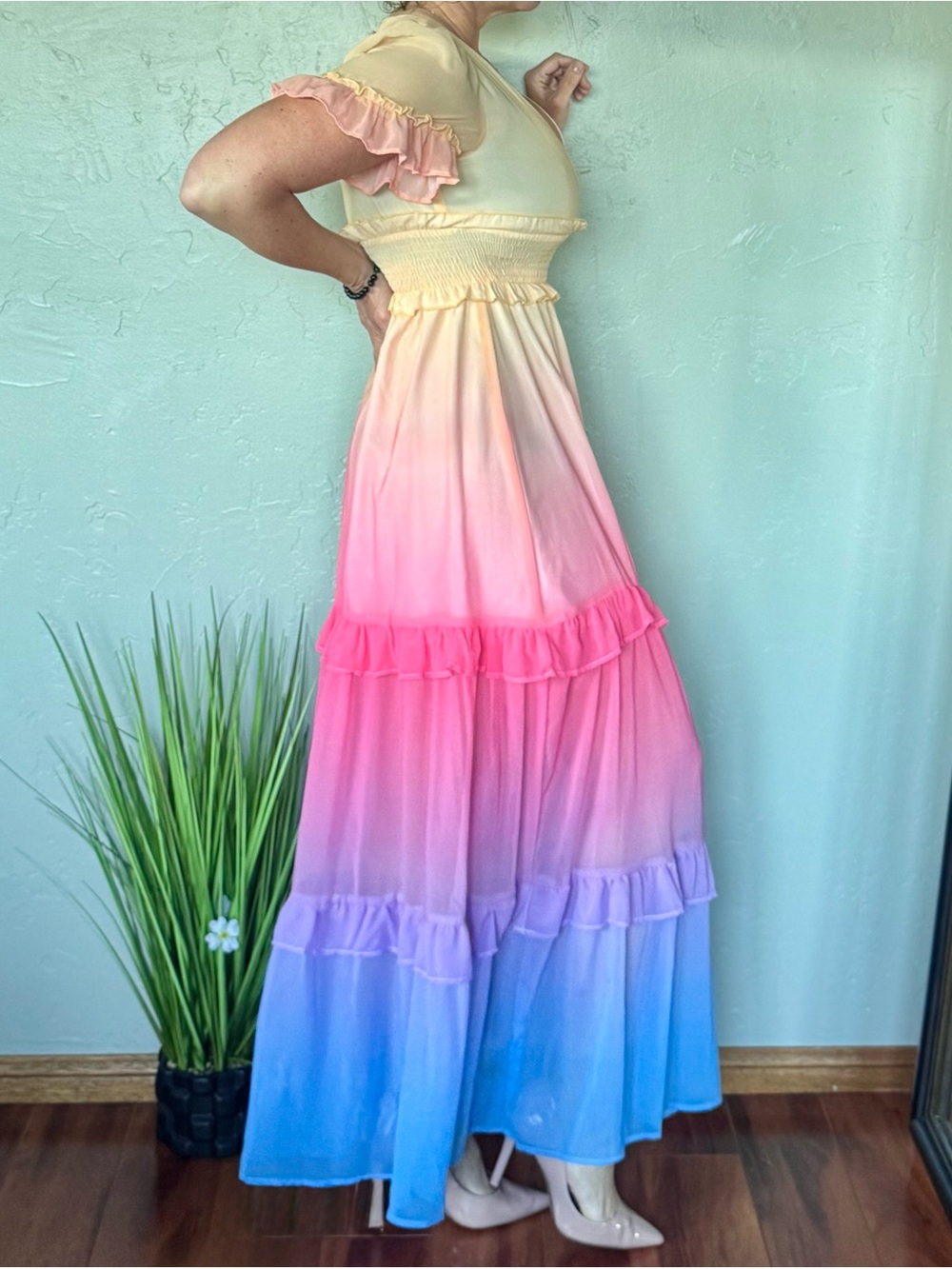 Main Strip Pastel Rainbow Ombre Ruffle Short Sleeve Maxi Dress - Picture 3 of 7